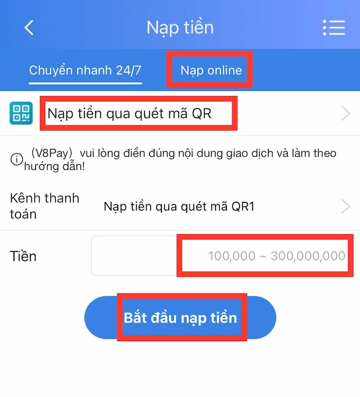 Phương thức nạp qua mã QR