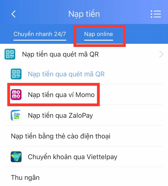 Nạp qua ví Momo